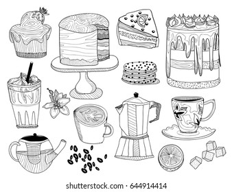 Hand drawn desserts, coffee and tea. Isolated elements. Graphic vector set