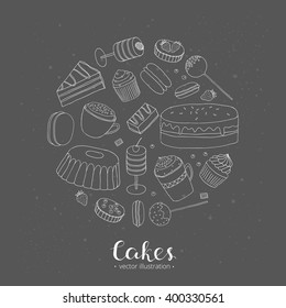Hand drawn desserts composed in circle shape. Push pop cakes, cupcakes, whoopie pie, tarts, bundt.