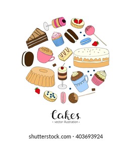 Hand drawn desserts composed in circle shape with lettering. Push pop cakes, cupcakes, whoopie pie, tarts, bundt.