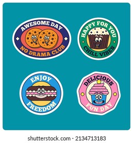 Hand drawn desserts flat trendy cartoon badges sticker pack