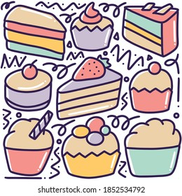 menú de postres dibujados a mano conjunto de doodle con iconos y elementos de diseño