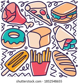 menú de postres dibujados a mano conjunto de doodle con iconos y elementos de diseño