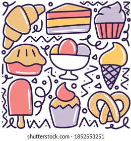 menú de postres dibujados a mano conjunto de doodle con iconos y elementos de diseño