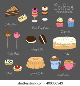 Hand drawn desserts on the blackboard. Push pop cakes, cupcakes, whoopie pie, tarts, bundt.