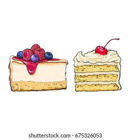 Hand drawn desserts - pieces, slices of cheesecake and layered vanilla cake, sketch style vector illustration isolated on white background. Realistic hand drawing of cheesecake and layered cake pieces