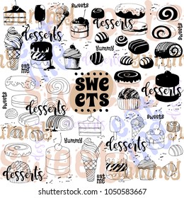 hand drawn desserts and sweets seamless background