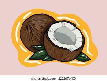 Hand Drawn Detailed Brown Exotic Whole Coconut, Half and Green Leaf. illustration of Fresh Tropical Fruit