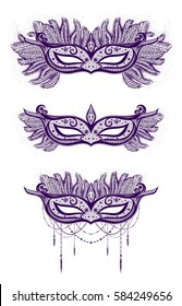 Hand drawn detailed carnival masks. Vector isolated illustration. Mask with feathers, with beads. Black and white illustration. Collection mask.