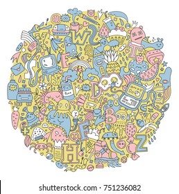 Hand drawn detailed cartoon doodle circle with different elements,letters,monsters, strange creatures ,stars,hearts,rainbows etc. Can be used as a T-shirt or bag print.Vector .