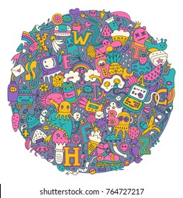 Hand drawn detailed cartoon doodle circle with different elements,letters,monsters, strange creatures ,stars,hearts,rainbows etc. Can be used as a T-shirt or bag print.Vector .