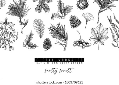 Hand drawn detailed Christmas banner. Vector forest pine, cone, mistletoe, holly, accorn, berries. Xmas, New Year minimalist design. Holiady sale, advertisement, shop promotion brand merchandising
