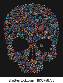 Hand drawn detailed doodle colored floral skull isolated over black. Vector illustration.