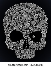 Hand drawn detailed doodle floral skull in white isolated over black. Tattoo design.