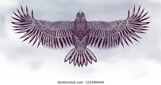 Hand drawn detailed dove on the watercolor grey background. Vector isolated illustration. Flying bird in the clouds sky. To be used for tattoo art, print  t shirt, coloring book pages. 