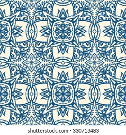 Hand drawn detailed floral sea blue pattern on ivory background, ornate wallpaper in oriental style. Ready to use - just drag and drop to your swatch panel.