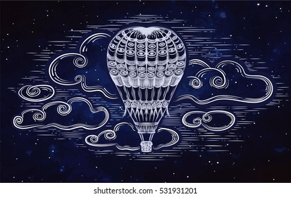 Hand drawn detailed hot air balloon with clouds on the night sky. Vintage. Vector illustration.