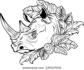 Hand drawn detailed illustration of rhinoceros head.
