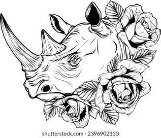 Hand drawn detailed illustration of rhinoceros head.