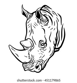 Hand drawn detailed illustration of rhinoceros' head. High quality anatomic and realistic image. Black and white picture.