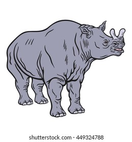 Hand drawn detailed illustration of a standing brontotherium. High quality anatomic and realistic image. Colored picture. Megacerops.