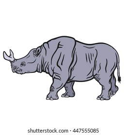 Hand drawn detailed illustration of a walking brontotherium. High quality anatomic and realistic image. Colored picture. Megacerops.