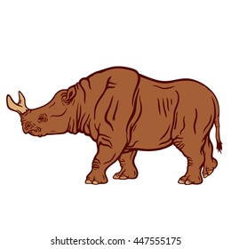 Hand drawn detailed illustration of a walking brontotherium. High quality anatomic and realistic image. Colored picture. Megacerops.