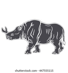 Hand drawn detailed inversed illustration of a walking brontotherium. High quality anatomic and realistic image. Megacerops.