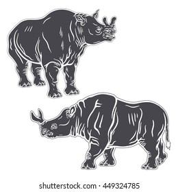 Hand drawn detailed inversed illustration of brontotheriums. High quality anatomic and realistic image. Megacerops.