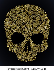 Hand drawn detailed ornate doodle floral skull. Vector golden gradient illustration isolated over black.
