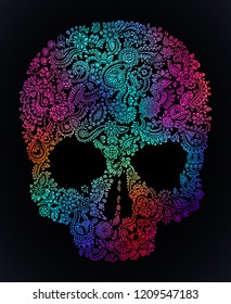 Hand drawn detailed ornate doodle floral skull. Vector vibrant colors illustration over black.