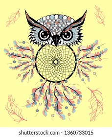 hand drawn Detailed ornate Owl with dream catcher in zentangle style. banner invitation card t-shirt bag postcard poster