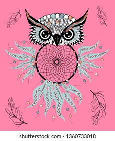 hand drawn Detailed ornate Owl with dream catcher in zentangle style. banner invitation card t-shirt bag postcard poster