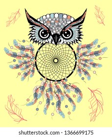 hand drawn Detailed ornate Owl with dream catcher in zentangle style. banner invitation card t-shirt bag postcard poster