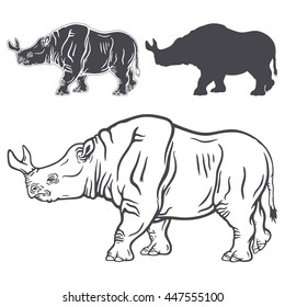 Hand drawn detailed set of walking brontotheriums' illustrations. High quality anatomic and realistic image. Black and white picture. Megacerops.