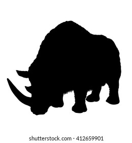 Hand drawn detailed silhouette of an eating woolly rhinoceros. High quality anatomic and realistic image. Coelodonta antiquitatis. Black and white picture.