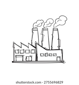 Hand drawn detailed sketch of large industrial factory with sawtooth roof, three chimneys and big smoke clouds. Black and white line art vector illustration.
