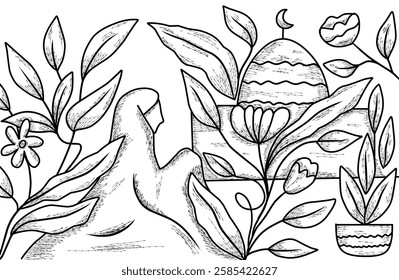 Hand drawn detailed sketch of a Muslim woman praying in front of a mosque surrounded by leaves and blooming flowers is suitable for a Ramadan or Islamic festival theme poster.