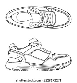 Hand drawn detailed sneakers, gym shoes. Classic vintage style. Outline doodle vector illustration. Top and side view