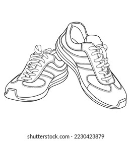 Hand drawn detailed sneakers, gym shoes 3d view. Classic vintage style. Doodle vector illustration.