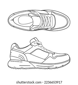 Hand drawn detailed sneakers, gym shoes. Classic vintage style. Outline doodle vector illustration. Top and side view