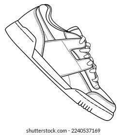 Hand drawn detailed sneakers, gym shoes. Classic vintage style. Outline doodle vector illustration. Side view