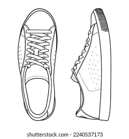 Hand drawn detailed sneakers, gym shoes. Classic vintage style. Outline doodle vector illustration. Side and top view