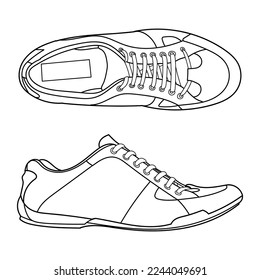 Hand drawn detailed sneakers, gym shoes. Classic vintage style. Outline doodle vector illustration. Side and top view