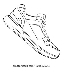 Hand drawn detailed sneakers, gym shoes. Classic vintage style. Outline doodle vector illustration. Side view