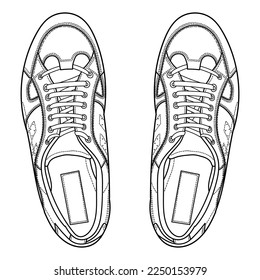 Hand drawn detailed sneakers, gym shoes. Classic vintage style. Outline doodle vector illustration. Top  view