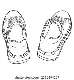 Hand drawn detailed sneakers, gym shoes. Classic vintage style. Outline doodle vector illustration. Top, rear and side view