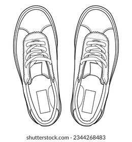 Hand drawn detailed sneakers, gym shoes. Classic vintage style. Outline doodle vector illustration. Top and side view