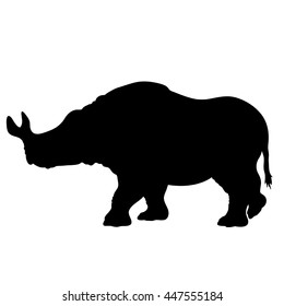 Hand drawn detailed stencil of a walking brontheterium. High quality anatomic and realistic image. Black and white picture. Megacerops.