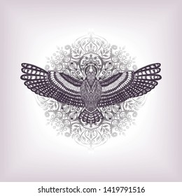 Hand drawn detailed symbol of yoga. Black floral mandala with flying bird. The sketch for print t shirt and tatto art, coloring book pages. Stylized lotus flower. Symbol of buddhism.