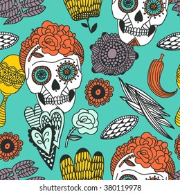 Hand drawn detailed tattoo mexican scull Los Muertos  Frida floral dead maracas ornamental seamless doodle stock vector pattern halloween. Pattern for postcards for clothes, home decoration posters.